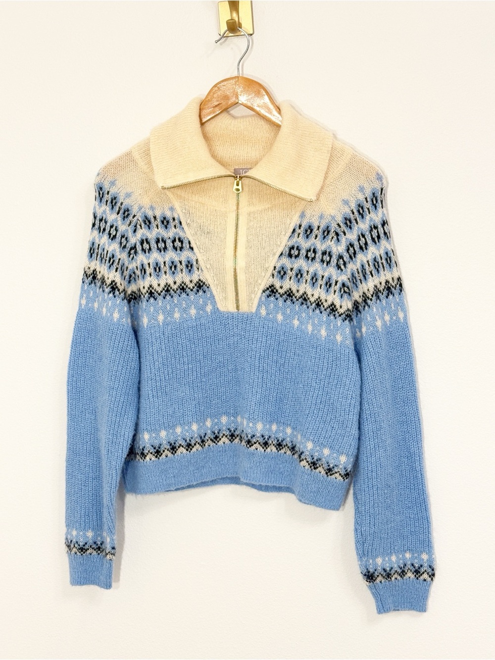 J.Crew Brushed Yarn Fair Isle Half-Zip Sweater, blue/beige Size Large Like New!